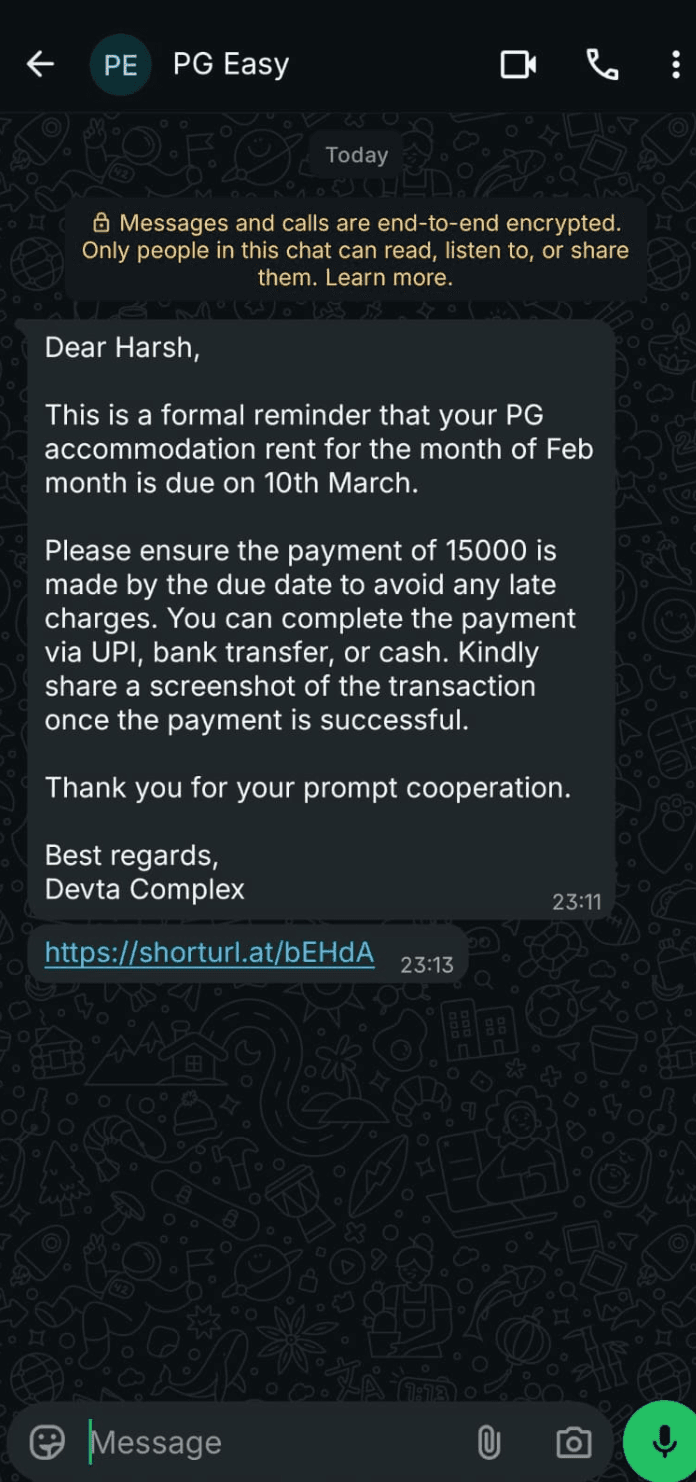 EasyPG WhatsApp rent reminder message screen
