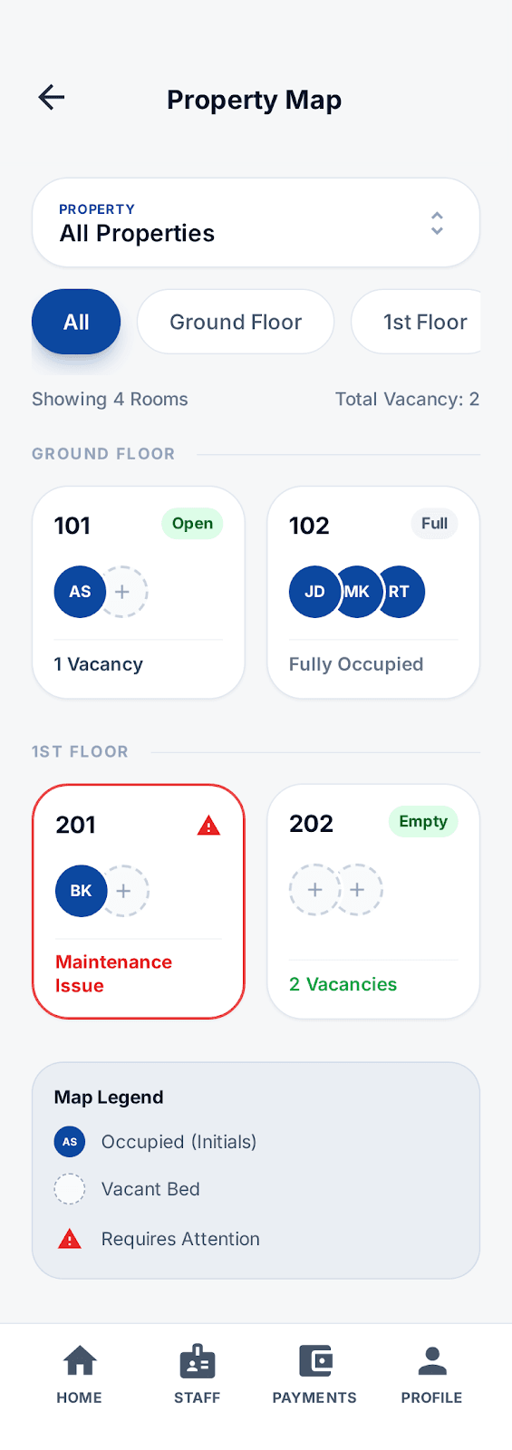 EasyPG property map screen showing rooms and occupancy status