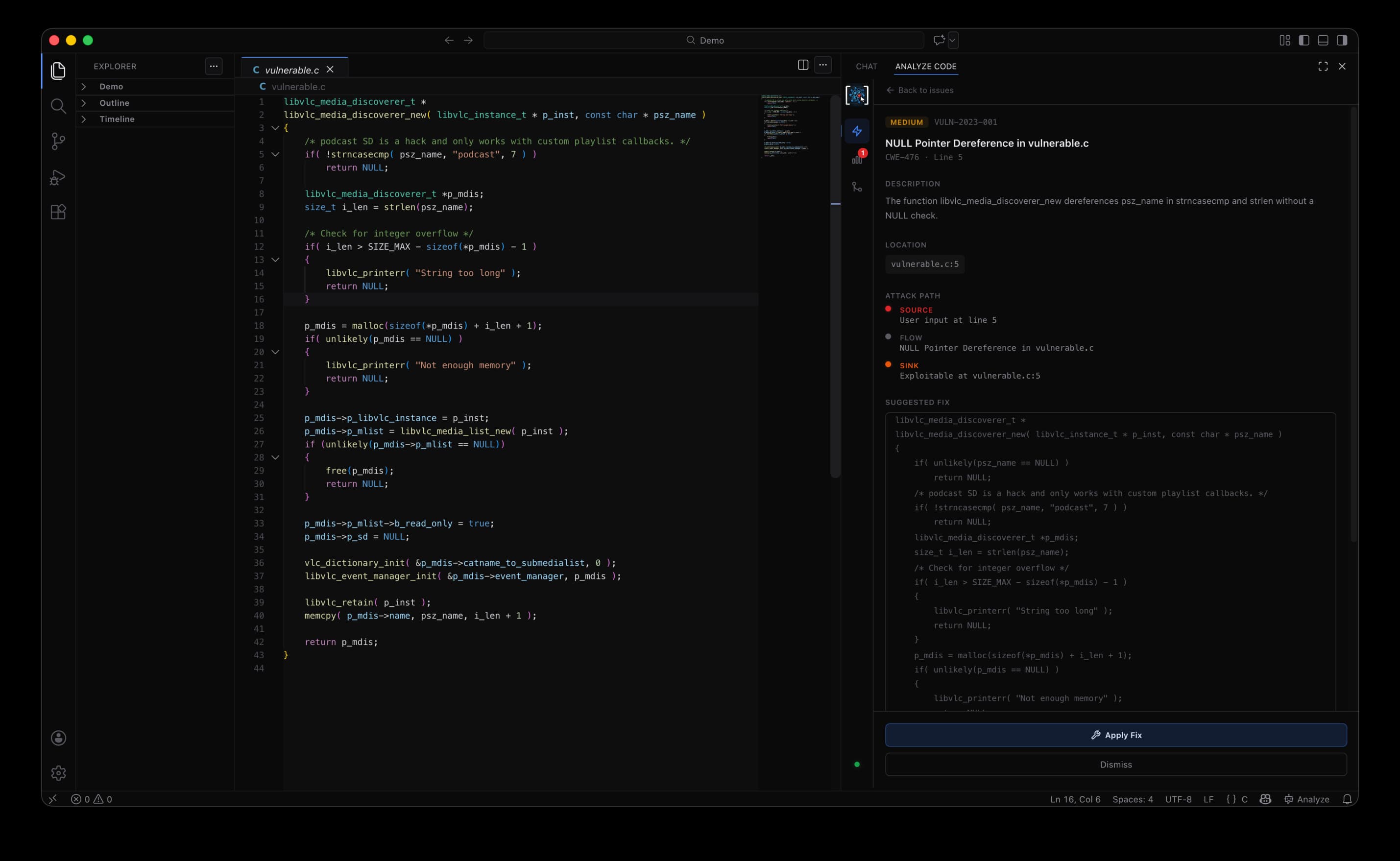 GraphIDE vulnerability analysis panel with detected null pointer issue