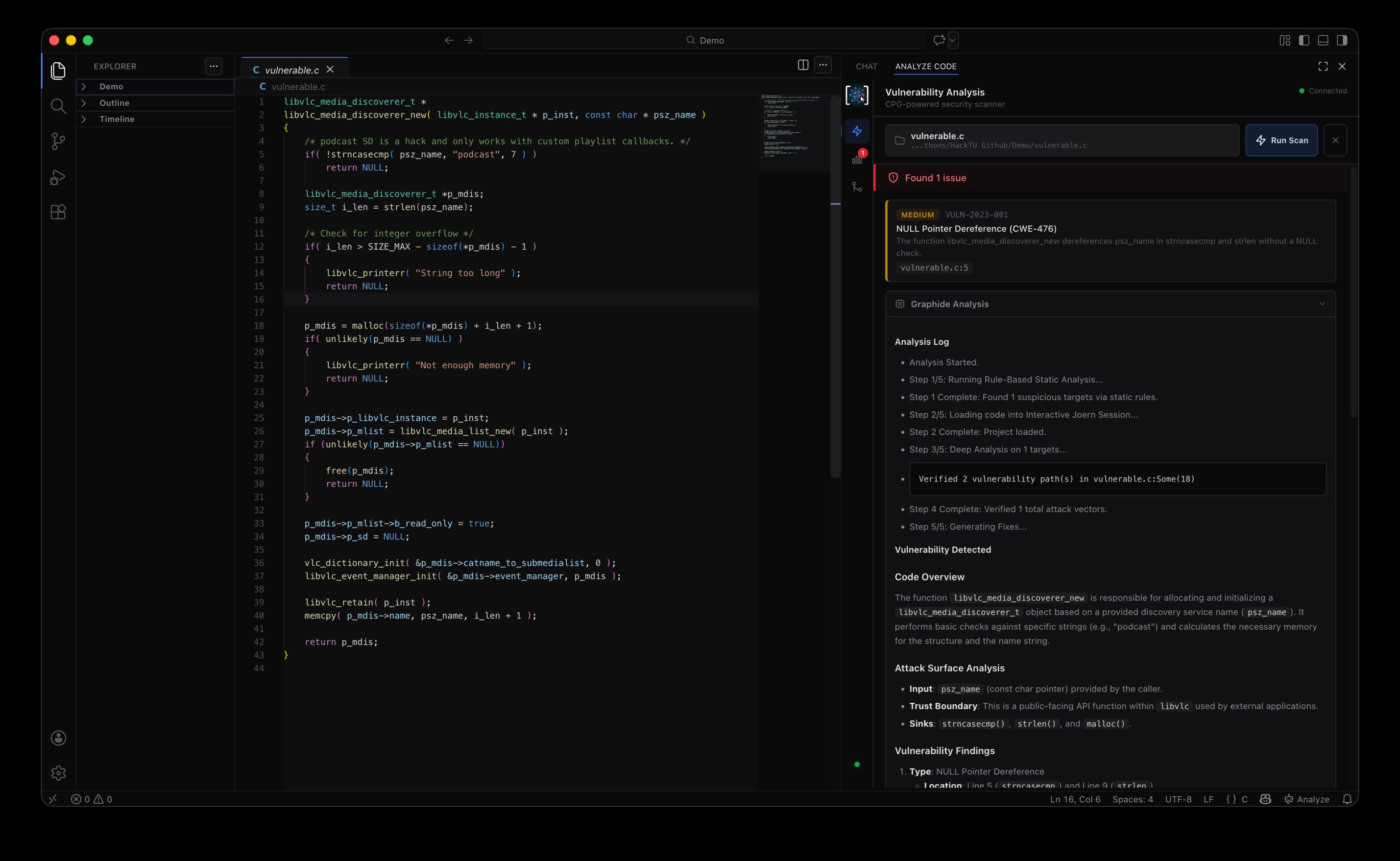 GraphIDE issue detail with source, flow, sink, and suggested fix